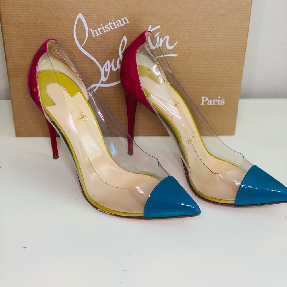 Christian Louboutin Tricolor Patent Leather And PVC Debout Pointed Toe Pumps
